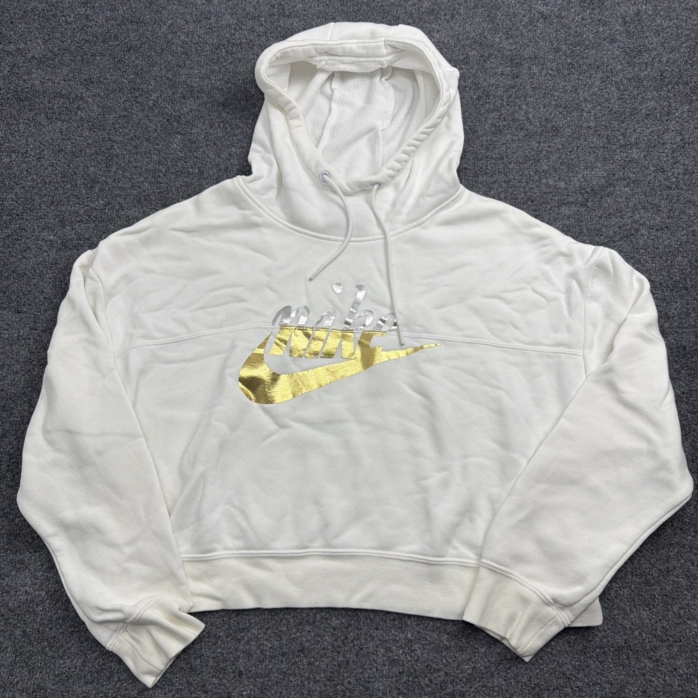 Nike Hoodie Womens M White Gold Foil Swoosh Logo Cropped Fleece Sweatshirt